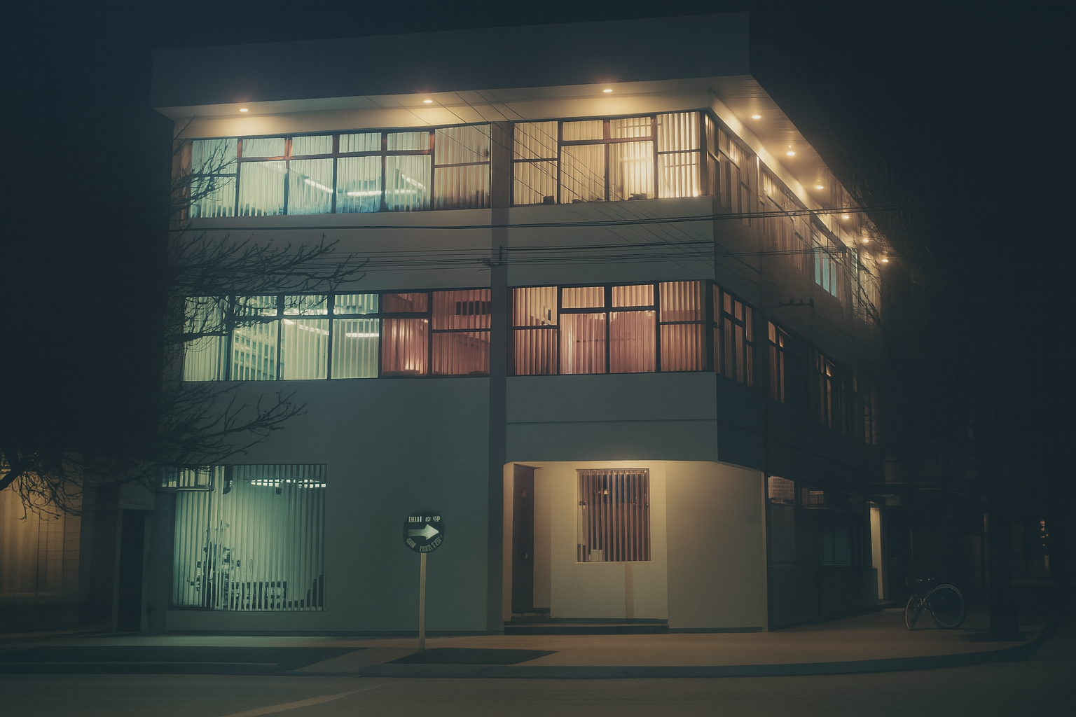 Edificio de Correa & Asociados iluminado de noche
